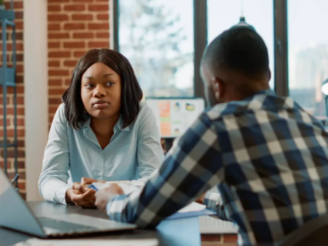 african-american-man-woman-attendng-job-interview-having-conversation-about-hiring-selection-work-application-office-worker-interviewing-female-candidate-about-job-offer
